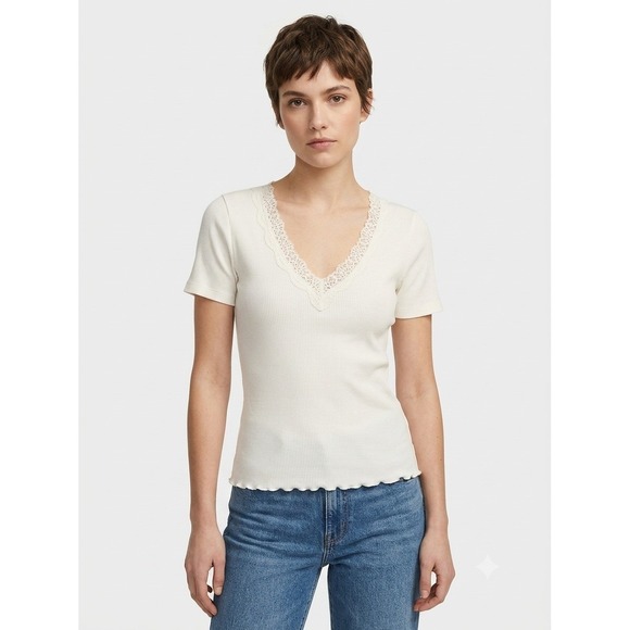 Madewell Tops - Madewell Shirt Womens XXS White Lace Trim Ribbed V Neck Short Sleeve Top NY958